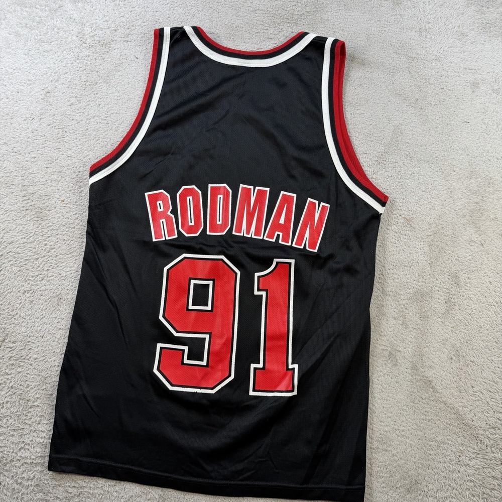 Vintage Dennis Rodman Chicago Bulls Jersey Mens 40 Small #91 Champion Black NBA